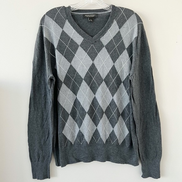 Banana Republic Silk Cotton Cashmere Grey Argyle Print Mens V Neck Sweatshirt - Picture 1 of 3